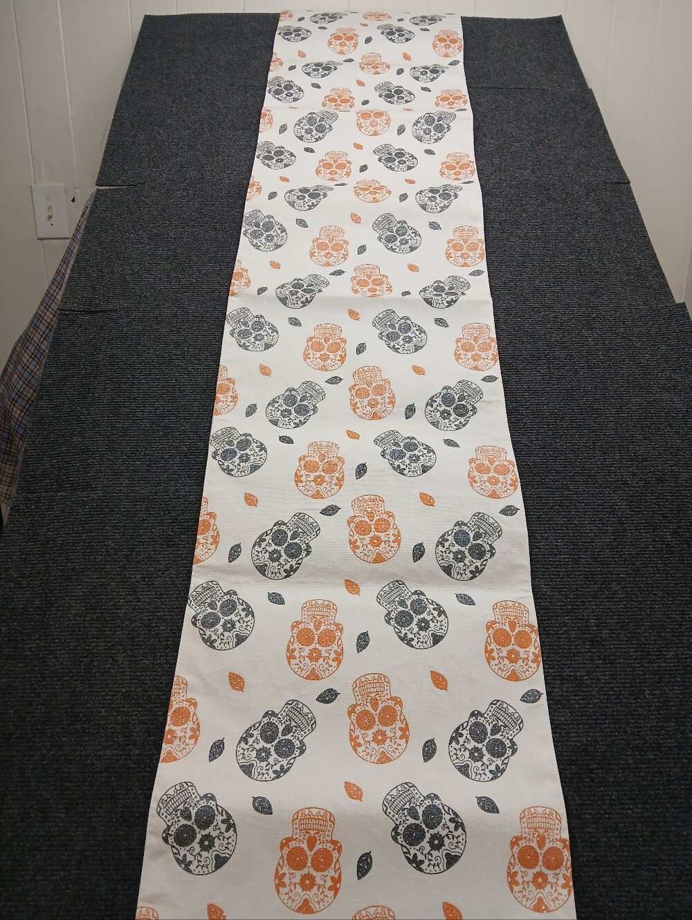 Spellbound Day of the Dead Skull Table Runner in Orange & Gray 72"×15"